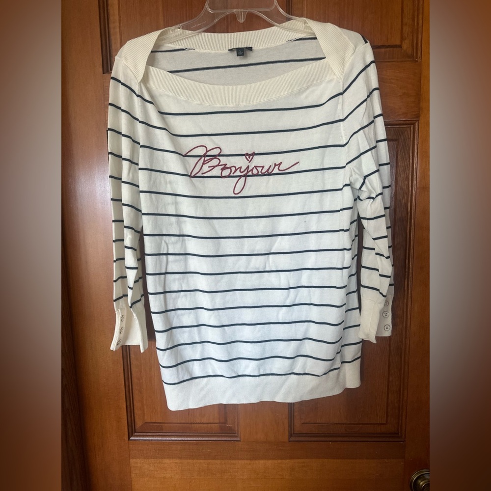 Talbots Cream and Navy Striped cotton lightweight sweater